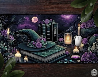Witchy Celestial Fantasy Mousepad, Purple Gothic Floral Desk Mat, Books Candles Moon & Flowers Night Sky, Large Extended Mat, Witchcore