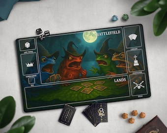 Grumpy Dartfrog Playmat, Mat With EDH Zones, Funny Witchy Frogs Playing Cards TCG Mat, Ideal Magic Player Gift For Tabletop Gaming