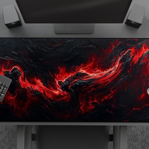 Desk Mat: Inferno Wave - Cool Red & Black Mousepad, Textured Abstract Fire, Large Gaming Mat, Gift For Gamer, Minimalist Office Decor