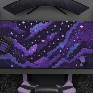 Kawaii Purple & Black Clouds And Stars Gaming Mousepad, Cute Pastel Goth Night Sky, Large Extended Office Mat, Dreamy Celestial Anime Art