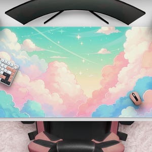 Cute Pastel Clouds & Stars Mousepad, Kawaii Cloudscape Desk Mat, Pretty Dreamy Clouds and Sky Art, Large Gaming Mat, Office Desk Accessories