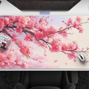 Cherry Blossom Breeze - Pink Flowers Mousepad, Sakura Desk Mat, Large Japanese Floral Mouse Pad For Gaming & Home Office, Desk Accessories