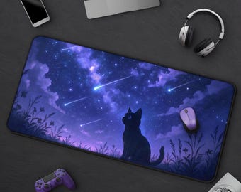 Tappetino per mouse da gioco XXL con simpatico gatto nero grande – Tappetino da scrivania grande esteso con stelle e nuvole, tappetino per mouse estetico per casa o ufficio - Italia