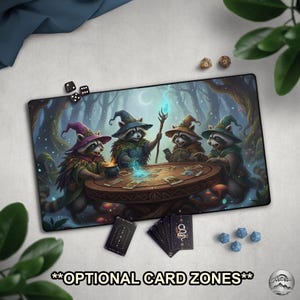 TCG Playmat: Witchy Raccoons Playing Cards, Wizard Raccoons & Enchanted Forest, Mat With EDH Zones, Cute Fantasy Mat, Large Extended Playmat
