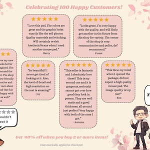 May include: An advertisement celebrating 100 happy customers, featuring customer reviews with five-star ratings. The image includes cartoon illustrations, text, and a call to action offering a discount on multiple item purchases. The words "Thank you!" are also visible.