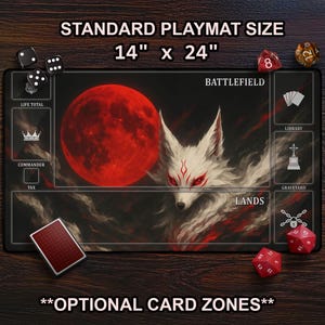 Fox Spirit & Torii Gate Playmat, Full Moon 9 Tailed Kitsune TCG Mat, Anime MTG Mat With Optional Card Zones, New Player Tabletop Gaming Gift