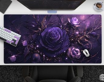 Gold Tinged Rose - Purple Rose Mousepad, Floral Desk Mat, Fantasy Art, Aesthetic Decor, Large Extended Mouse Pad, Office Desk Accessories