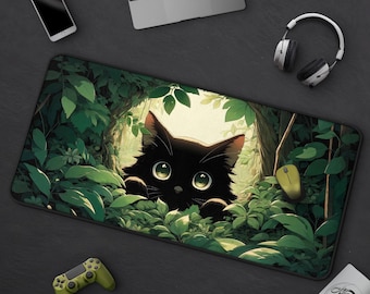 Black Cat Mousepad, Cat & Plants Desk Mat, Animal Lover Decor, Large Gaming Mat, Cute Office Decor, Kawaii Anime Neko, Botanical Nature