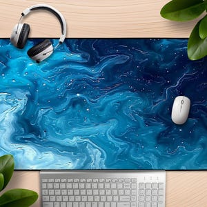 Abstract Ocean Wave Mousepad, Modern Blue Seafoam Desk Mat, Artsy Watercolor Ink Design , Large Gaming Mat, Contemporary Office Decor