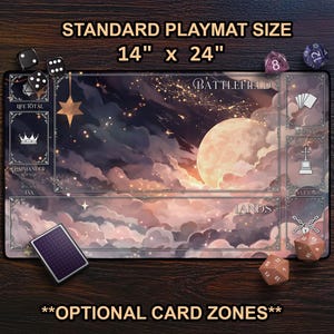 Celestial Stars & Clouds Playmat, Cute Kawaii Black Pink Gold TCG Mat , MTG Mat With Card Zones, Tabletop Gamer Gift, Large Extended Playmat