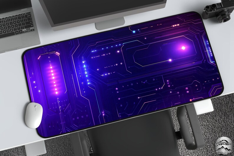 Peut inclure: Tapis de souris rectangulaire avec un motif de circuit imprim&eacute; dans les tons violets et bleus. Le tapis pr&eacute;sente un r&eacute;seau de lignes et de points, avec une lumi&egrave;re centrale vive. Une souris blanche est visible &agrave; gauche.