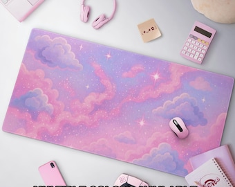 Dreamy Pastel Sky Clouds & Stars Mousepad, Kawaii Pink And Purple Desk Mat, Large Gaming Mat, Ideal Cute Gift For Her, Anime Inspired Art