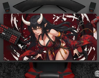 Anime Gaming Mousepad: Cool Oni Girl Desk Mat, Japanese Demon Waifu, Large Extended Mouse Pad For Gamers & Home Office, Anime Girl Mouse Mat