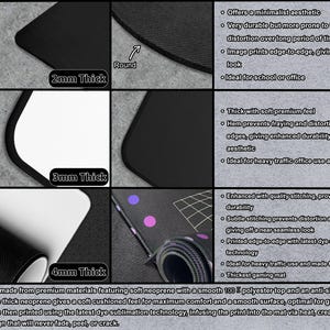 May include: A comparison chart of mouse mats with different edge designs: flat, black hemmed, and coloured stitched. The flat edge is 2mm thick, the black hemmed edge is 3mm thick, and the coloured stitched edge is 4mm thick. Each mat is made of neoprene with a polyester top.