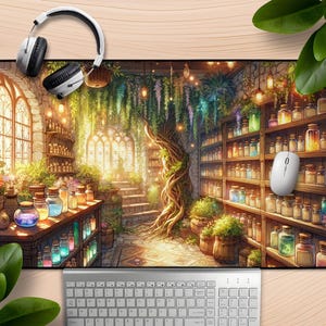 Cozy Floral Apothecary Mousepad, Large Desk Mat For Gaming & Office, Fantasy Interior, Potions and Herbs, Witchy Workshop, Desk Accessories