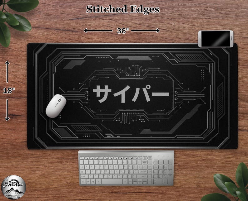 May include: Black rectangular mouse mat with a circuit board design and the Japanese word "Cyber" in white. The mat measures 91 cm wide and 46 cm high. A white mouse, keyboard, and smartphone are also visible.