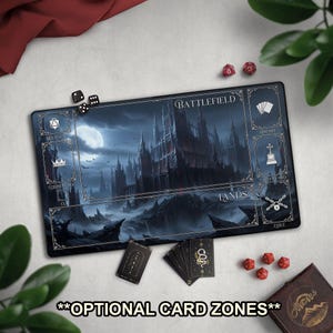 May include: A rectangular black playmat with a fantasy castle scene, dice, and cards. The mat has zones labeled "Battlefield," "Lands," and "Commander." The text "Optional Card Zones" is at the bottom.