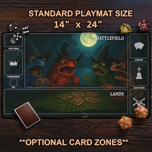 Grumpy Dartfrog Playmat, MTG Mat With Card Zones, Funny Witchy Frogs Playing Cards TCG Mat, Ideal Magic Player Gift For Tabletop Gaming