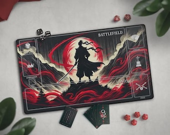 Samurai TGC Playmat, Stylized Japanese Mat With EDH Zones, Red Black White Aesthetic, Anime Inspired Extended Mat, Cool Red Moon Warrior