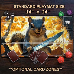 Funny Squirrel With Knife Playmat, Psycho Squirrel TCG Mat, MTG Mat With Card Zones, Large Extended Playmat, Funny Gamer Gift