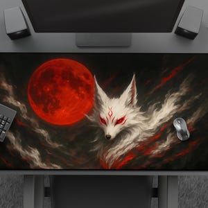 Japanese Kitsune Spirit Gaming Mousepad, Cool White Fox Large Desk Mat With Red Moon, Mythical Fantasy Art, Gift For Gamer or Anime Lover