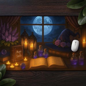 Witchy Spell Book Mousepad, Cozy Dark Academia Desk Mat with Potions, Candles & Moon, Floral Witchcore Gift For Fantasy Lover, Cottagecore