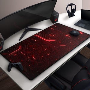 Futuristic Circuit Board Gaming Mouse Pad, Black & Red Tech-Inspired Desk Mat, Large Cyberpunk Grid Design, Cool Gamer Gift For Him