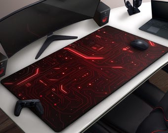 Futuristic Circuit Board Gaming Mouse Pad, Black & Red Tech-Inspired Desk Mat, Large Cyberpunk Grid Design, Cool Gamer Gift For Him