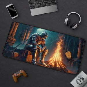 A Knight's Respite - Knight Sitting By A Bonfire Mousepad, Cool Dark Fantasy Desk Mat, Medieval Warrior Art, Large Gaming Mat, Gamer Gift