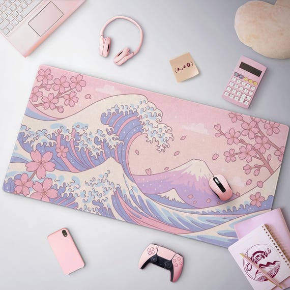 Kawaii Cherry Blossom Great Wave Mousepad, Cute Pastel Pink & Blue Sakura Desk Mat, Large Anime Mat For Gaming And Office