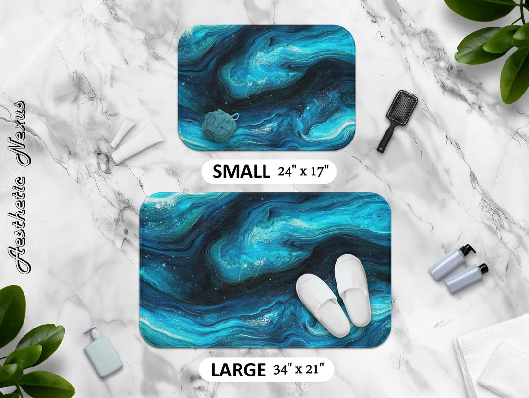 Abstract Blue Bath Mat, Abstract Liquid Bathroom Rug, Memory Foam Mat ...