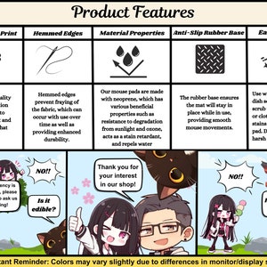 May include: A product features graphic with text describing a mouse mat's features: high-quality print, hemmed edges, material properties, anti-slip rubber base, and easy cleaning. The image includes cartoon characters and text: "Thank you for your interest in our shop!"