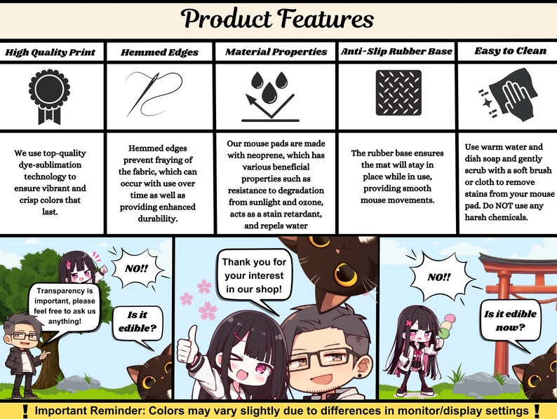 May include: A product features graphic with text describing a mouse mat's features: high-quality print, hemmed edges, material properties, anti-slip rubber base, and easy cleaning. The image includes cartoon characters and text: "Thank you for your interest in our shop!"