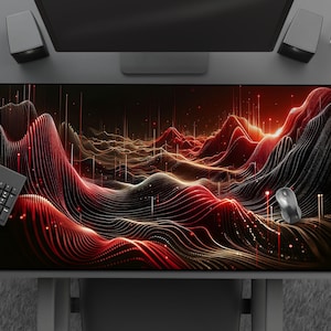 May include: A black desk mat featuring a digital art design of red and gold lines, creating a landscape effect. A black keyboard, mouse, and speakers are also visible on the desk.