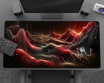 Matrix Stream - Cool Digital Waves Mousepad, Abstract Red & Black Cyberscape Desk Mat, Futuristic, Large Gaming Mat, Office Desk Accessories