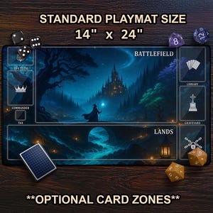 Enchanted Fantasy Forest & Castle TCG Playmat, Scenic Night Sky MTG Mat With Card Zones, Vibrant Celestial Scene, Tabletop Gaming Gift