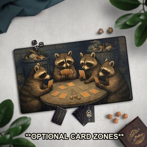 Cute Racoons Playing Cards Playmat, Trash Panda TCG Mat With EDH Card Zones, Large Extended Playmat, Raccoon Lover TCG Gift, Funny Gift