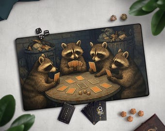 Cute Racoons Playing Cards Playmat, Trash Panda TCG Mat With EDH Card Zones, Large Extended Playmat, Raccoon Lover TCG Gift, Funny Gift