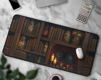 Dark Academia Bookshelf & Black Cat Mousepad, Bookish Gothic Victorian Witchy Library Desk Mat, Candles and Crystals, Elegant Fantasy Art