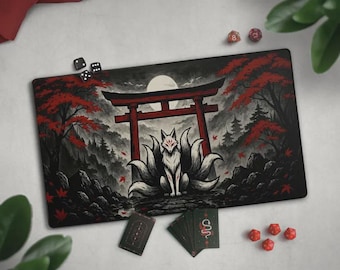 White Fox Spirit & Red Moon Playmat, Cool Kitsune TCG Mat, MTG Mat With Optional Card Zones, New Player Gift For Tabletop Gaming Lovers