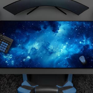 Blue Cosmic Sky Mousepad, Celestial Galaxy & Stars Desk Mat, Cool Cloudscape, Large Gaming Mat, Astronomy Office Decor, Deep Space Art