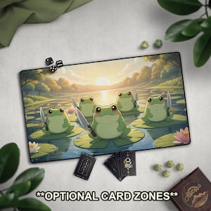 TCG Playmat: Funny Frogs With Knives, Cute Frogs Play Mat With EDH Card Zones, Large Extended Game Mat, Kawaii Anime Frogs For Frog Deck