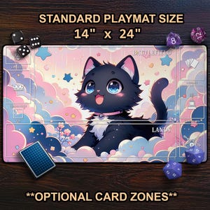 Cute Cat TCG Playmat In Pastel Pink & Blue Clouds,  MTG Mat With Card Zones, Gift For Tabletop Gamer, Large Gaming Desk Mat, Kawaii Neko Art