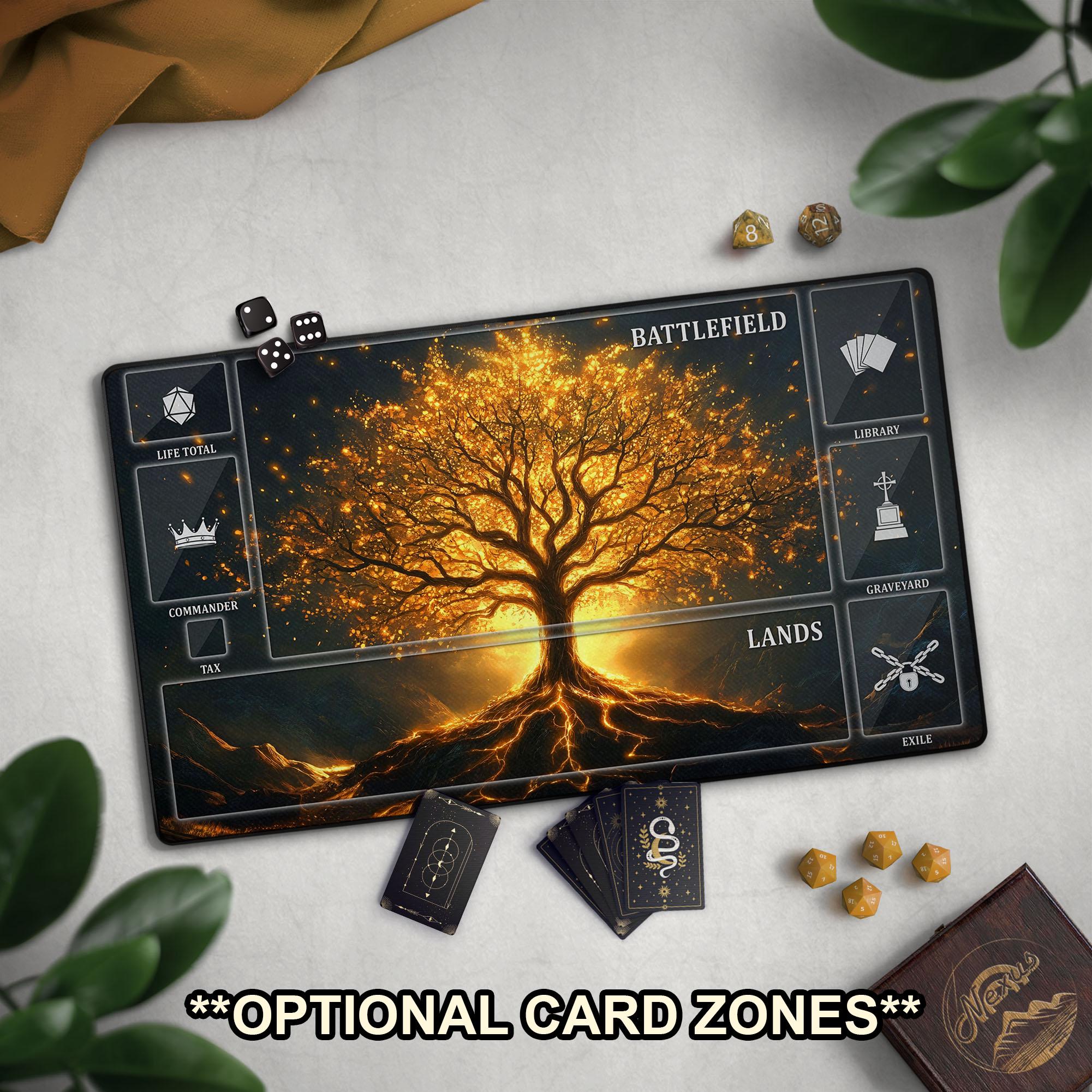 Yggdrasil Tree TCG Playmat, Gold Tree of Life Mat With EDH Card