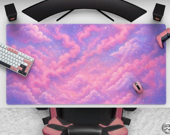 Dreamy Pastel Clouds & Stars Mousepad, Kawaii Pink And Purple Sky Desk Mat, Large Gaming Mat, Cute Gift For Her, Cotton Candy Anime Clouds