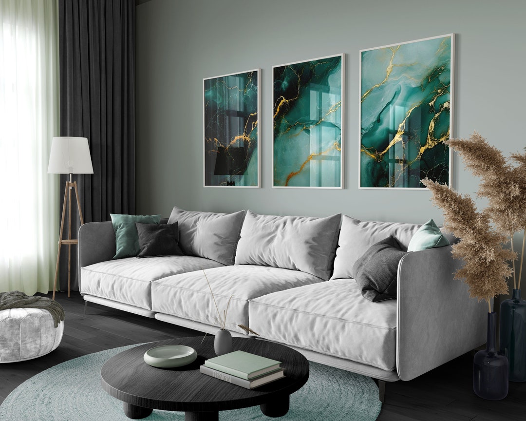 Set of 3 Teal & Green Marble Prints, Modern Abstract Wall Art, Luxury