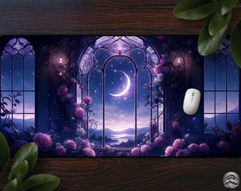 Lunar Vista - Purple Floral Mousepad, Victorian Aesthetic Desk Mat, Roses, Gaming Decor,  Large Anime Mouse Pad, Office Desk Accessories