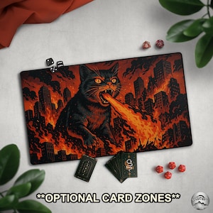 Hungry Fire Breathing Cat of Doom TCG PlayMat With EDH Zones, Funny Animal Causing Chaos, Cat Lover Gag Gift, Great Cat Deck Gift