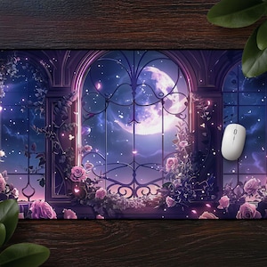 Moon & Flowers Mousepad, Elegant Witchy Purple Rose Desk Mat, Cute Floral Fantasy Night, Large Extended Mat For Gaming And Office