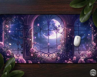 Moon & Flowers Mousepad, Elegant Witchy Purple Rose Desk Mat, Cute Floral Fantasy Night, Large Extended Mat For Gaming And Office